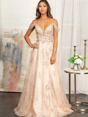 NEW CHAMPAGNE Sequin & Mesh V-Neck Evening Gown Floor Length Embellished GL3070